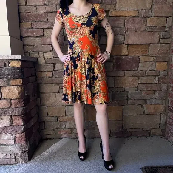 Ralph Lauren Jersey Paisley Orange Navy Blue Fit and Flare Dress Petite Small - Picture 5 of 9